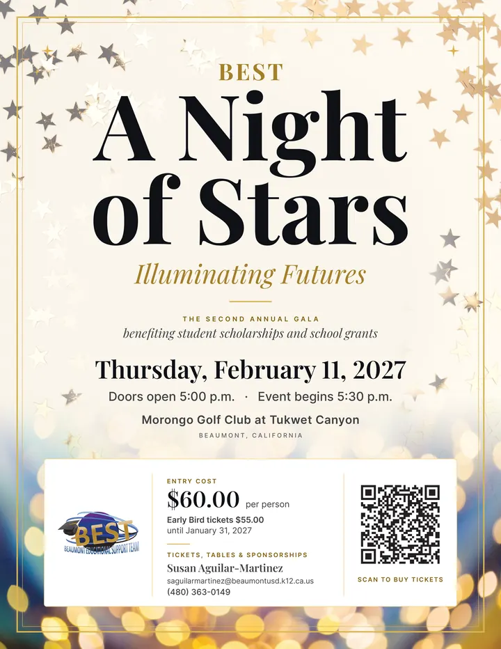 The Night of Stars 2027 flyer: gold stars on cream, the date, the venue and a QR code for tickets.